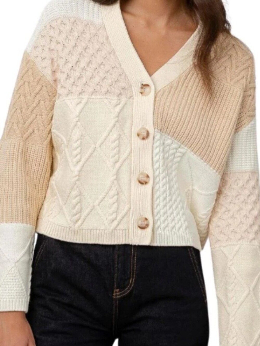 Rails Reese Patchwork Cable Knit Cardigan Cream & Beige Size M